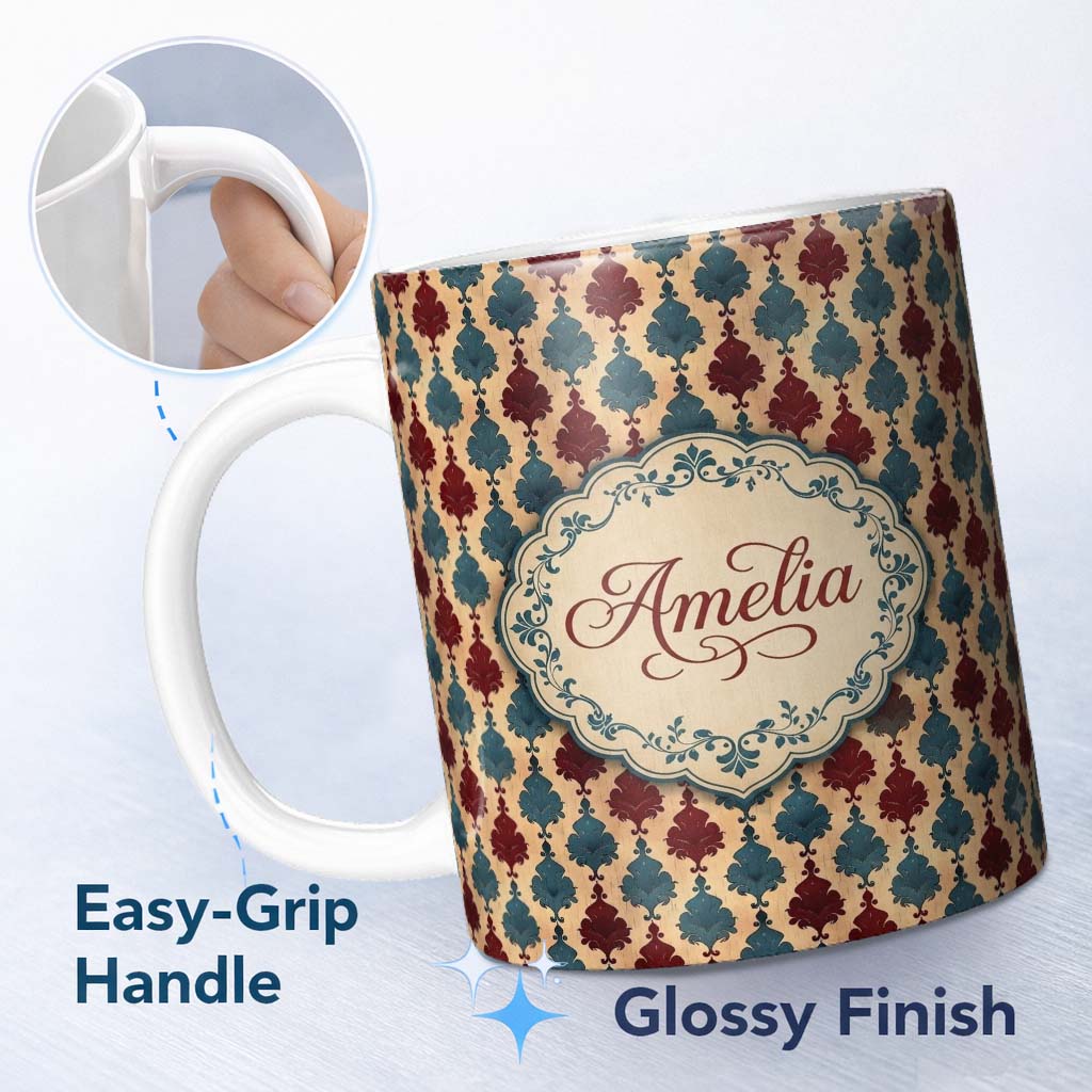 Personalized Custom Name Classic Red Blue Leaf Tile Repeat Seamless Pattern Name Cute Unique 11oz Ceramic Coffee Tea Mug White Large Handle
