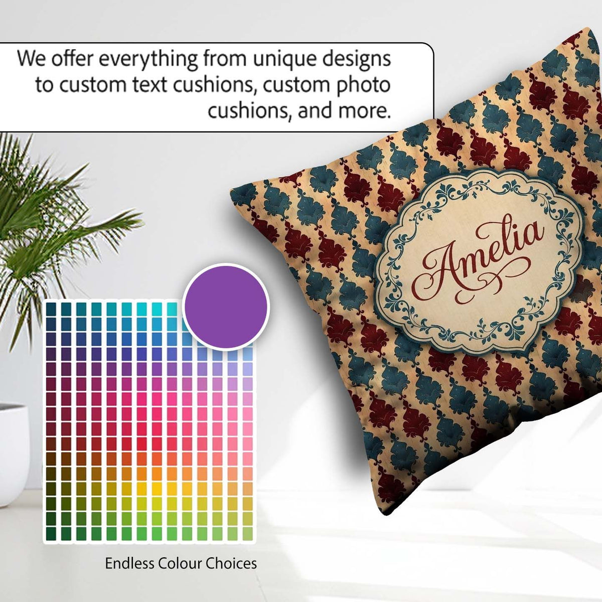 Custom Name Classic Red Blue Leaf Tile Repeat Seamless Name Cute Square Filled Cushion Throw Pillow Sofa Bed Home Decor Zip Washable UK Made
