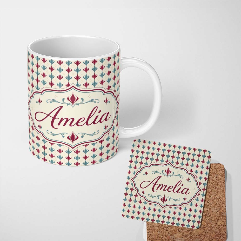 Personalized Custom Name Minimal Red Blue Curved Stripe Motif Seamless Pattern Name Cute 11oz Ceramic Coffee Tea Mug White Large Handle