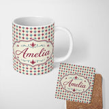 Personalized Custom Name Minimal Red Blue Curved Stripe Motif Seamless Pattern Name Cute 11oz Ceramic Coffee Tea Mug White Large Handle