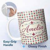 Personalized Custom Name Minimal Red Blue Curved Stripe Motif Seamless Pattern Name Cute 11oz Ceramic Coffee Tea Mug White Large Handle