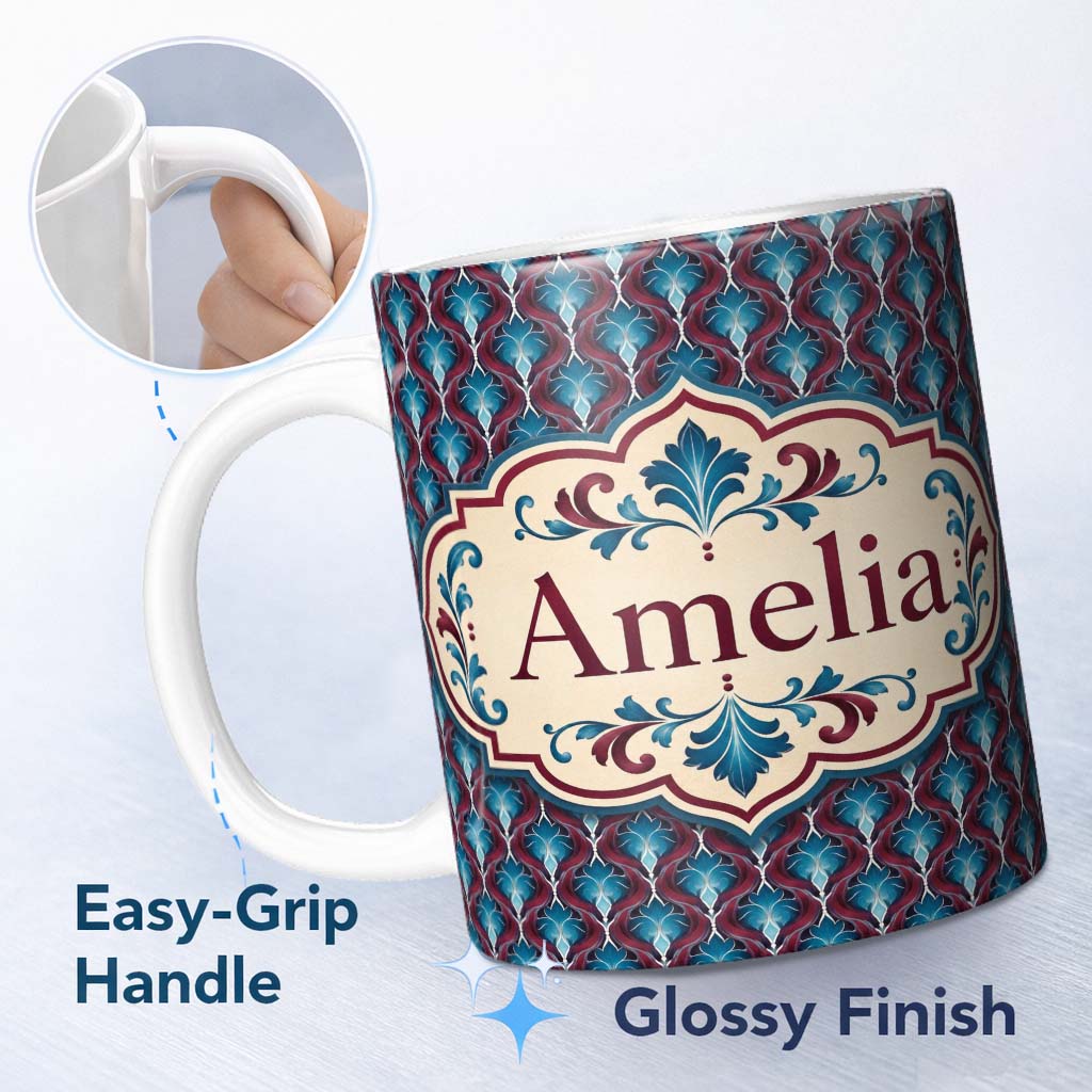 Personalized Custom Name Elegant Red Blue Diamond Floral Seamless Pattern Name Cute Unique 11oz Ceramic Coffee Tea Mug White Large Handle