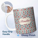 Personalized Custom Name Soft Red Blue Botanical Leaf Repeat Seamless Pattern Name Cute 11oz Ceramic Coffee Tea Mug White Large Handle