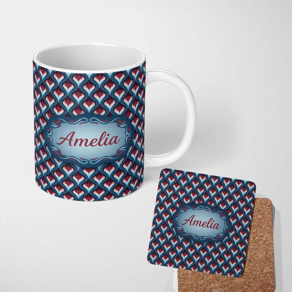 Personalized Custom Name Red Blue Gradient Wave Seamless Pattern Name Cute Unique Gift Lovely 11oz Ceramic Coffee Tea Mug White Large Handle
