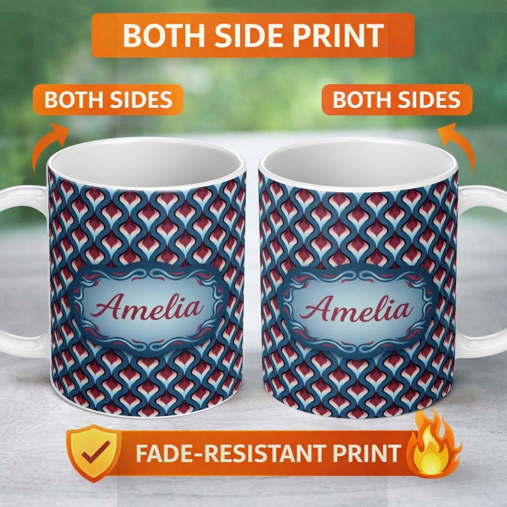 Personalized Custom Name Red Blue Gradient Wave Seamless Pattern Name Cute Unique Gift Lovely 11oz Ceramic Coffee Tea Mug White Large Handle