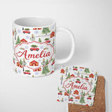Personalized Custom Name Watercolor Winter Village Houses Trees Cars Snow Seamless Pattern 11oz Ceramic Coffee Tea Mug White Large Handle