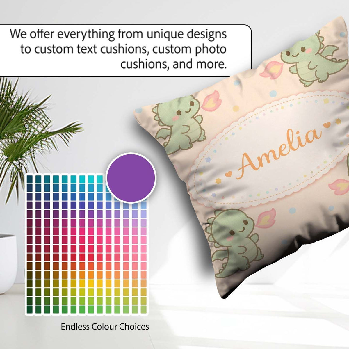 Custom Name Cute Baby Dinosaur Cartoon Animal Pattern Gift Idea Square Filled Cushion Throw Pillow Sofa Bed Home Decor Zip Washable UK Made