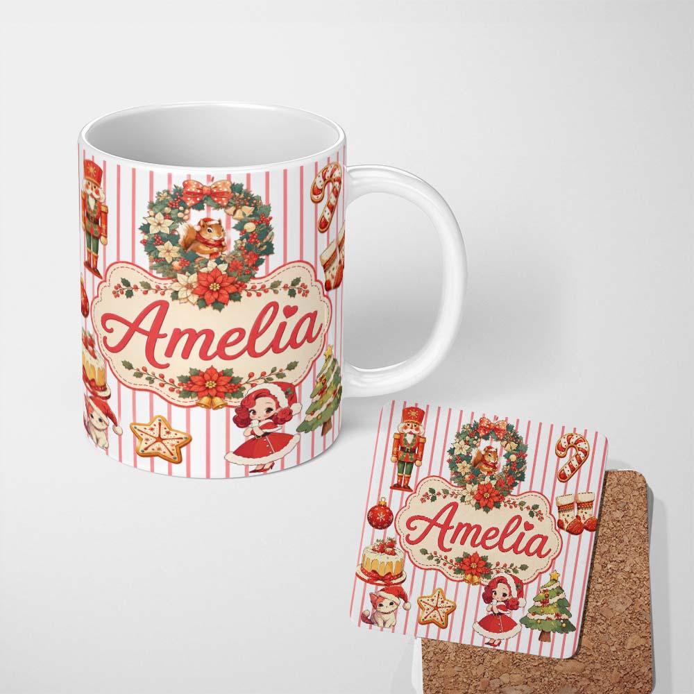 Personalized Custom Name Christmas Nutcracker Squirrel Cake Candy Cane Girl Tree Red Stripe 11oz Ceramic Coffee Tea Mug White Large Handle