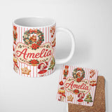 Personalized Custom Name Christmas Nutcracker Squirrel Cake Candy Cane Girl Tree Red Stripe 11oz Ceramic Coffee Tea Mug White Large Handle