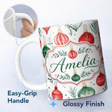 Personalized Custom Name Watercolor Christmas Baubles Ornaments Festive Seamless Pattern 11oz Ceramic Coffee Tea Mug White Large Handle