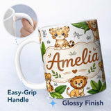 Personalized Custom Name Cute Jungle Animals Lion Tiger Leopard Tropical Leaves Light Grey 11oz Ceramic Coffee Tea Mug White Large Handle
