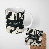 Personalized Custom Name Layered Terrain Waves Black Grey Abstract Landscape Pattern Lovely 11oz Ceramic Coffee Tea Mug White Large Handle