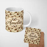 Personalized Custom Name Coconut Palm Hibiscus Tropical Island Seamless Pattern Lovely 11oz Ceramic Coffee Tea Mug White Large Handle