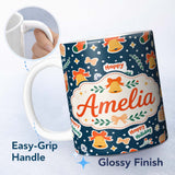 Personalized Custom Name Happy Holiday Bells Gift Winter Festive Seamless Pattern Lovely 11oz Ceramic Coffee Tea Mug White Large Handle