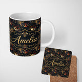 Personalized Custom Name Colourful Carnival Masks with Feathers and Floral Accents Seamless 11oz Ceramic Coffee Tea Mug White Large Handle