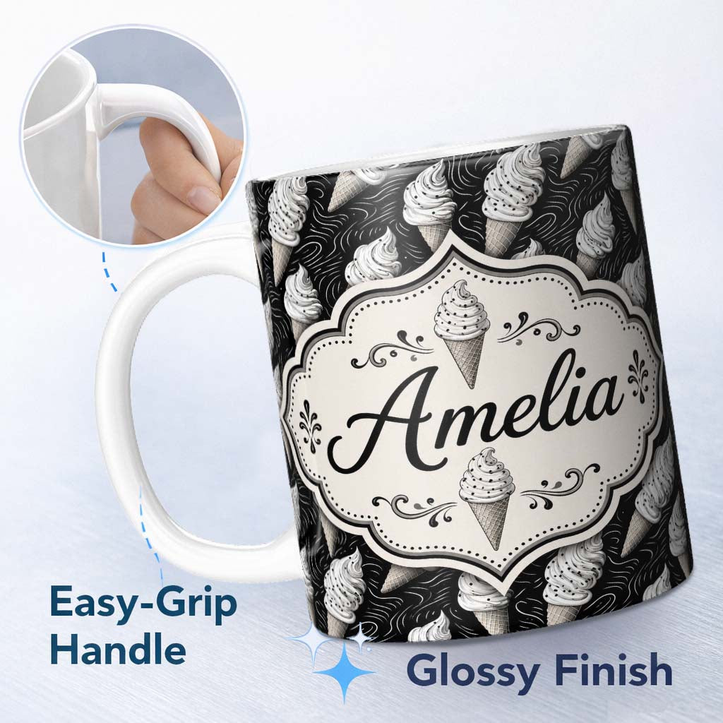 Personalized Custom Name Monochrome Ice Cream Cone Pattern on Black with Swirl Texture Lovely 11oz Ceramic Coffee Tea Mug White Large Handle