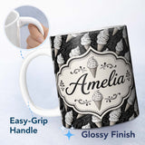 Personalized Custom Name Monochrome Ice Cream Cone Pattern on Black with Swirl Texture Lovely 11oz Ceramic Coffee Tea Mug White Large Handle