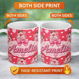 Personalized Custom Name Romantic Couple Kissing Floral Bouquet Hearts Seamless Pattern Red 11oz Ceramic Coffee Tea Mug White Large Handle