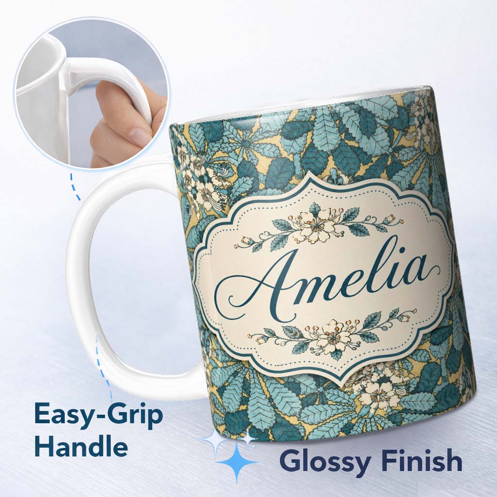 Personalized Custom Name Art Nouveau Botanical Leaves Floral Pattern Seamless Pattern Lovely 11oz Ceramic Coffee Tea Mug White Large Handle