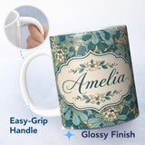 Personalized Custom Name Art Nouveau Botanical Leaves Floral Pattern Seamless Pattern Lovely 11oz Ceramic Coffee Tea Mug White Large Handle