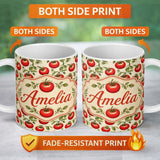Personalized Custom Name Classic Red Tomatoes with Leaves on Neutral Background Seamless 11oz Ceramic Coffee Tea Mug White Large Handle