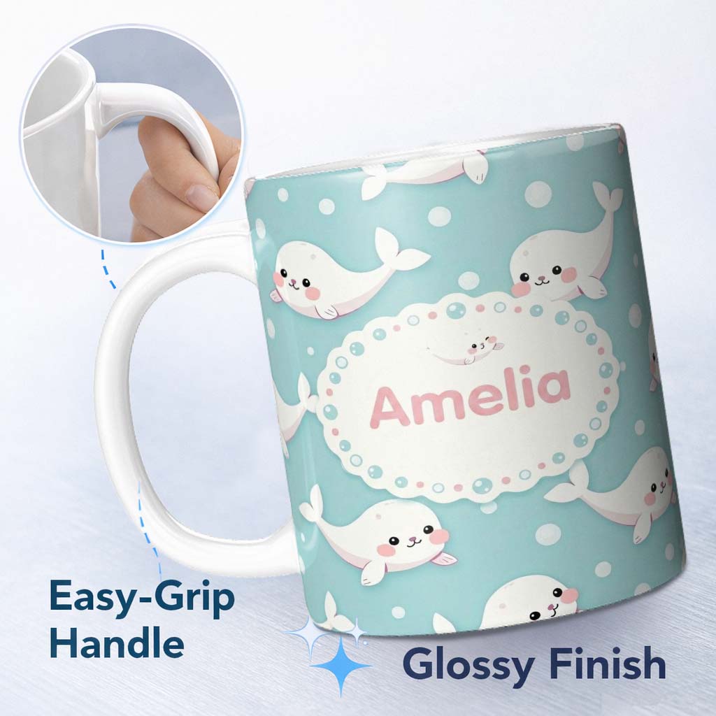 Personalized Custom Name Cute Baby Seals Ocean Bubbles Marine Seamless Pattern Lovely 11oz Ceramic Coffee Tea Mug White Large Handle
