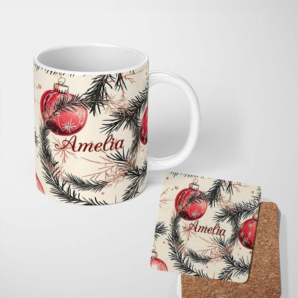 Personalized Custom Name Red Christmas Baubles Pine Branch Winter Seamless Pattern Lovely 11oz Ceramic Coffee Tea Mug White Large Handle