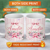 Personalized Custom Name Elegant Watercolor Rose Bouquet Ribbon Butterfly Blush Stripe Lovely 11oz Ceramic Coffee Tea Mug White Large Handle