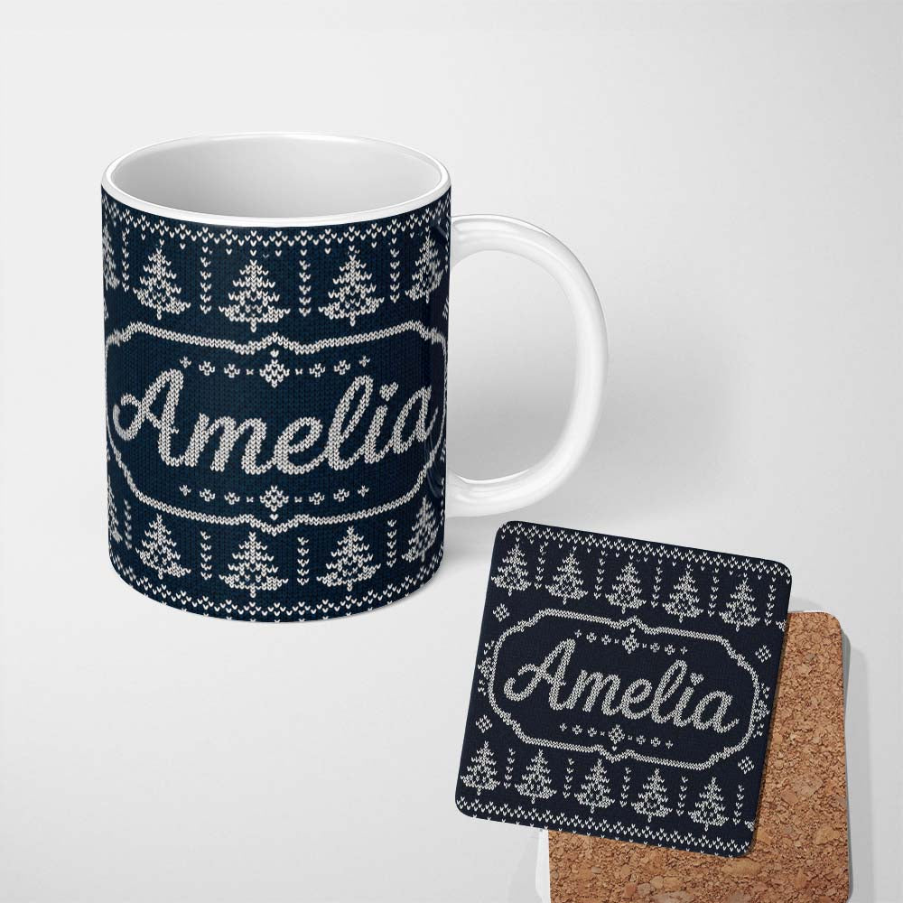 Personalized Custom Name Navy Blue Christmas Tree Heart Knitted Seamless Pattern Lovely 11oz Ceramic Coffee Tea Mug White Large Handle