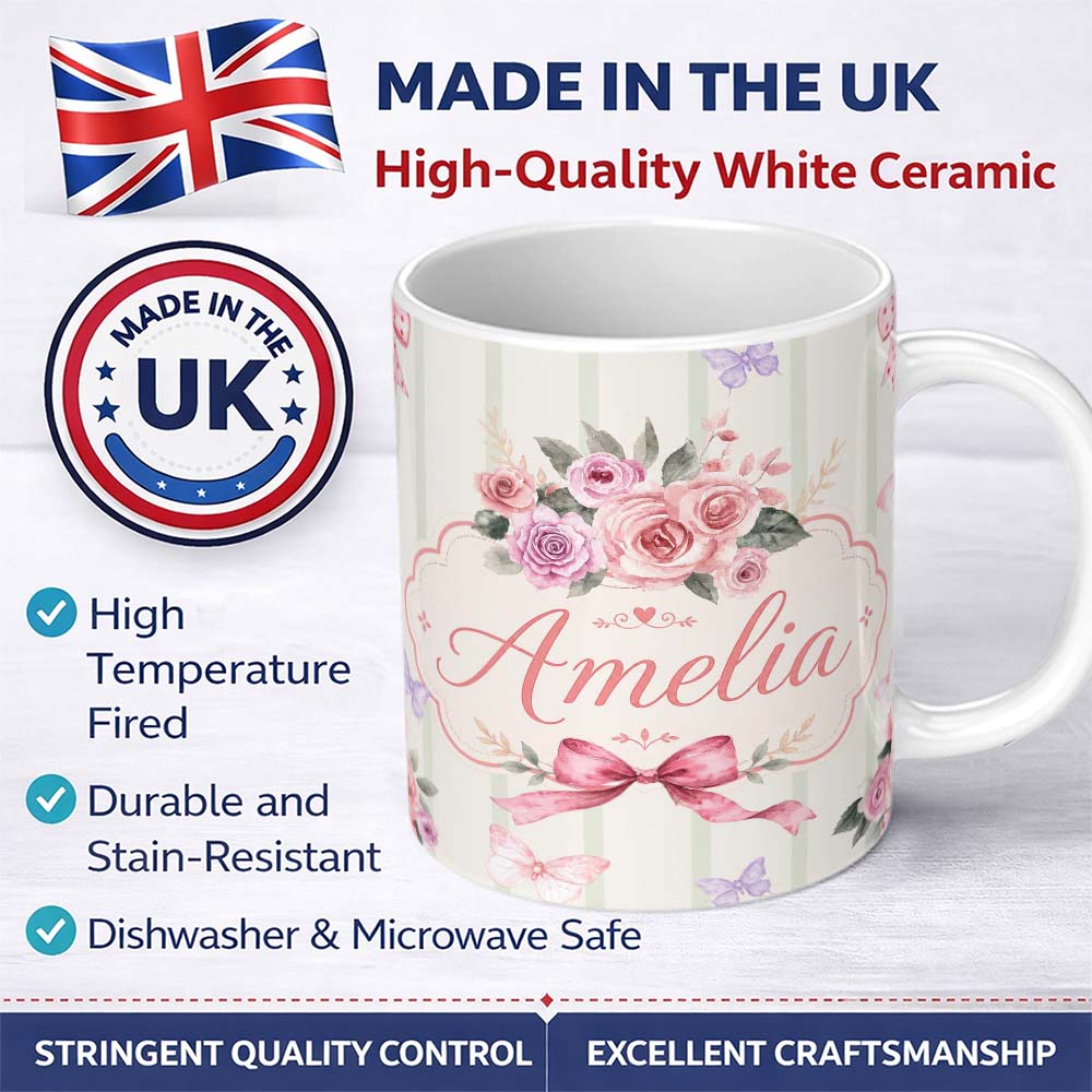 Personalized Custom Name Elegant Watercolor Rose Bouquet Ribbon Butterfly Sage Stripe Lovely 11oz Ceramic Coffee Tea Mug White Large Handle