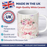 Personalized Custom Name Elegant Watercolor Rose Bouquet Ribbon Butterfly Sage Stripe Lovely 11oz Ceramic Coffee Tea Mug White Large Handle