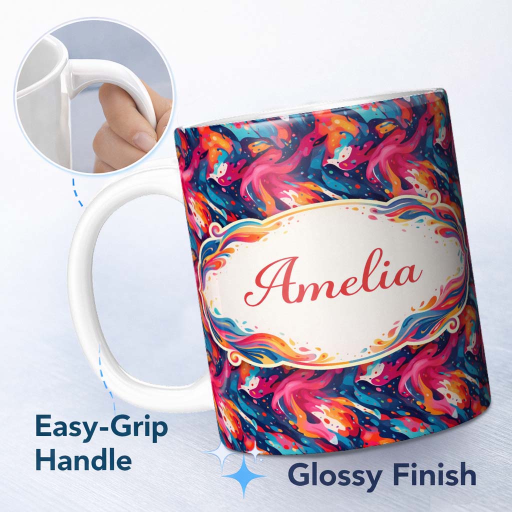 Personalized Custom Name High Contrast Marble Swirl Red Black White Abstract Pattern Lovely 11oz Ceramic Coffee Tea Mug White Large Handle