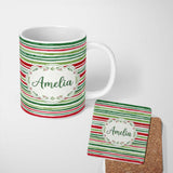 Personalized Custom Name Hand Painted Red Green Horizontal Stripe Pattern Christmas Design 11oz Ceramic Coffee Tea Mug White Large Handle