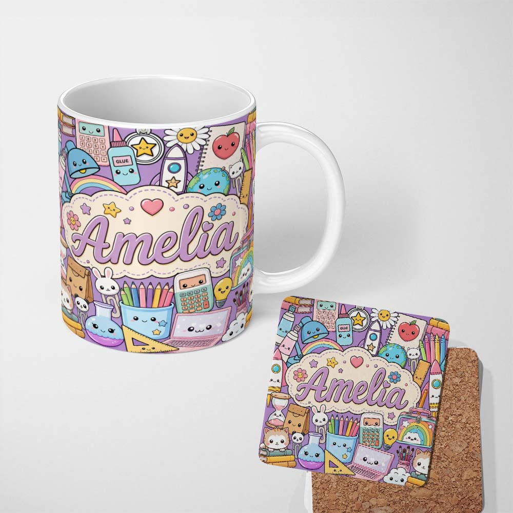 Custom Name Cute Kawaii School Supplies Science Art Cute Pattern Purple Lovely 11oz Ceramic Coffee Tea Mug White Large Handle
