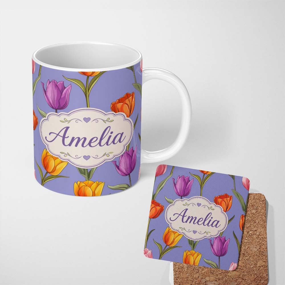 Personalized Custom Name Colorful Tulip Flowers Purple Background Spring Floral Seamless 11oz Ceramic Coffee Tea Mug White Large Handle