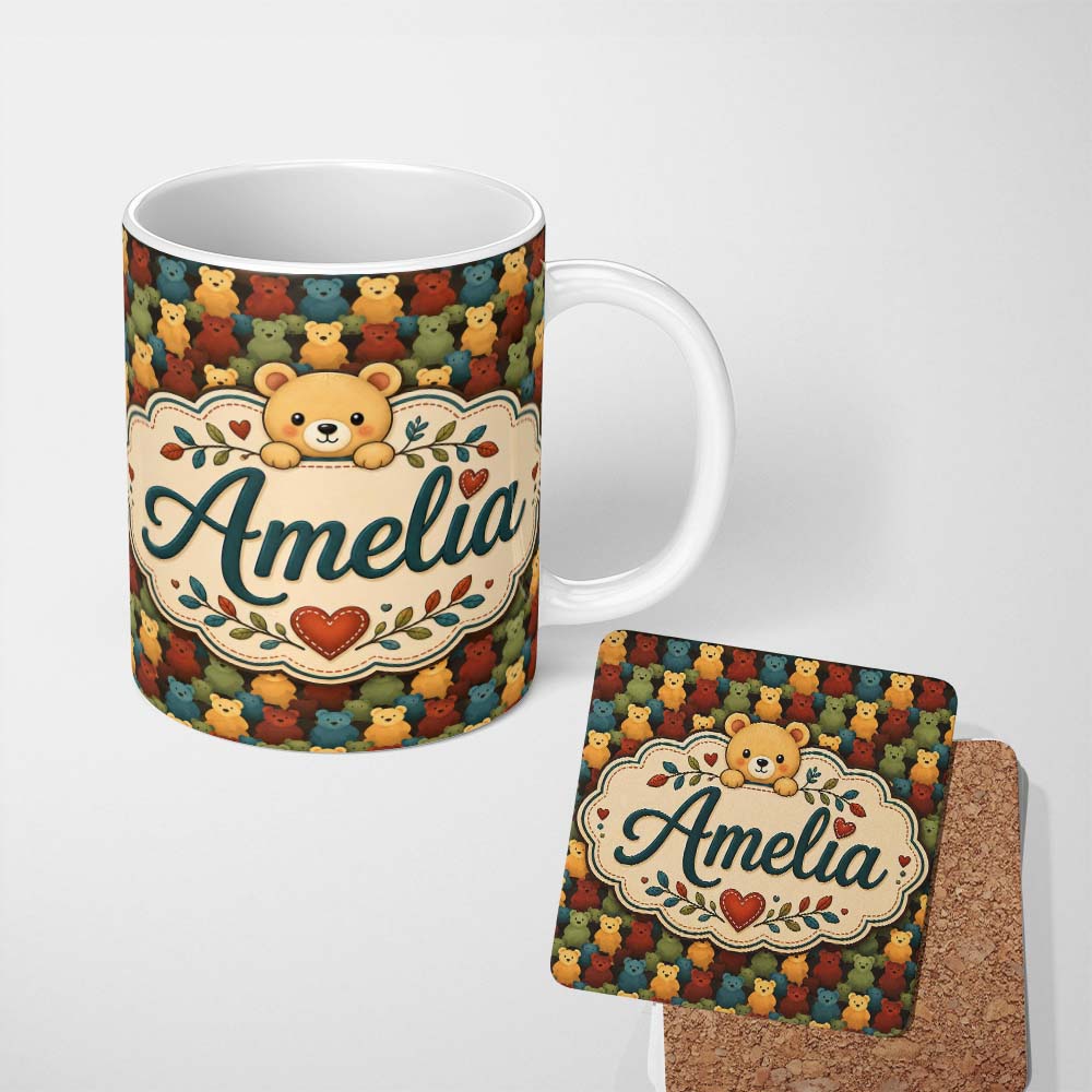 Personalized Custom Name Colorful Teddy Bear Rows Minimal Style Seamless Pattern Lovely 11oz Ceramic Coffee Tea Mug White Large Handle