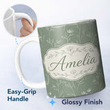 Personalized Custom Name Soft Green Botanical Line Art Floral Pattern with Minimal Leaves 11oz Ceramic Coffee Tea Mug White Large Handle