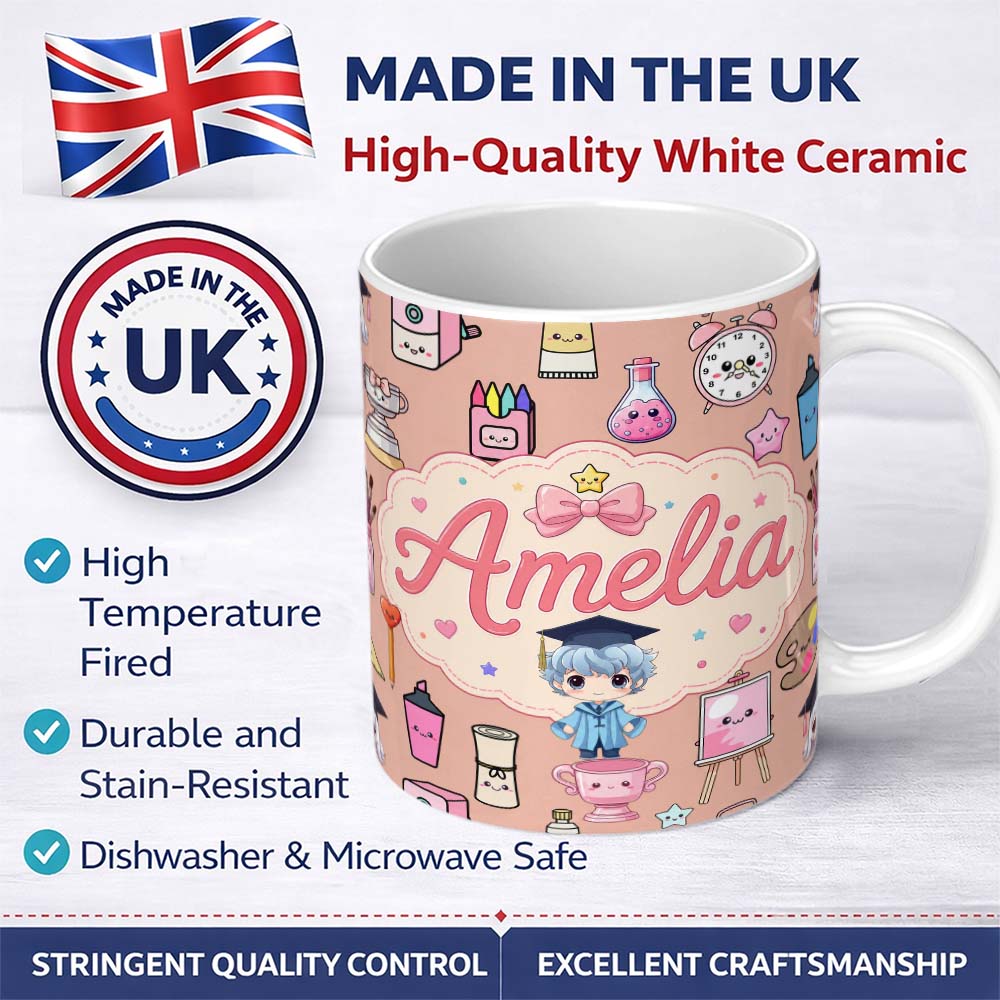 Personalized Custom Name Cute Kawaii Graduate Boy Science Art Supplies Seamless Pattern Peach 11oz Ceramic Coffee Tea Mug White Large Handle