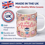 Personalized Custom Name Cute Kawaii Graduate Boy Science Art Supplies Seamless Pattern Peach 11oz Ceramic Coffee Tea Mug White Large Handle