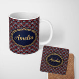 Personalized Custom Name Elegant Vintage Damask Floral Pattern in Red Blue and Cream 11oz Ceramic Coffee Tea Mug White Large Handle