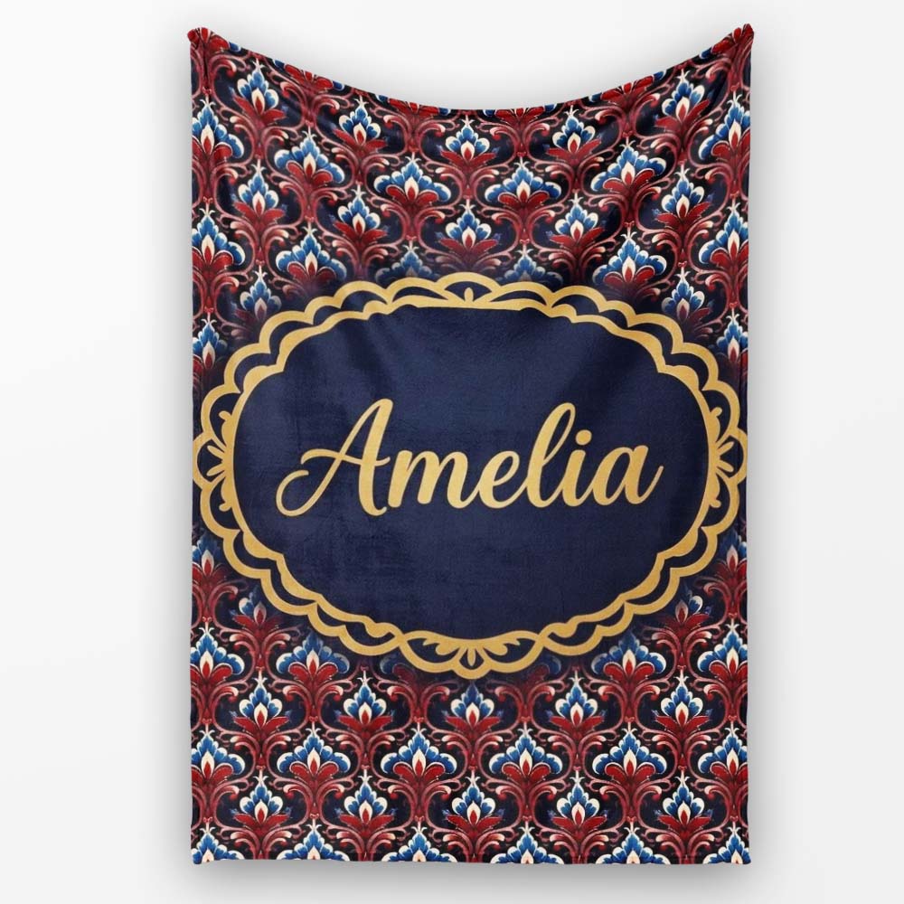 Elegant Vintage Damask Floral Pattern in Red Blue and Cream  Personalised Custom Name Super Soft Fleece Blanket Bed Sofa Throw