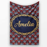 Elegant Vintage Damask Floral Pattern in Red Blue and Cream  Personalised Custom Name Super Soft Fleece Blanket Bed Sofa Throw
