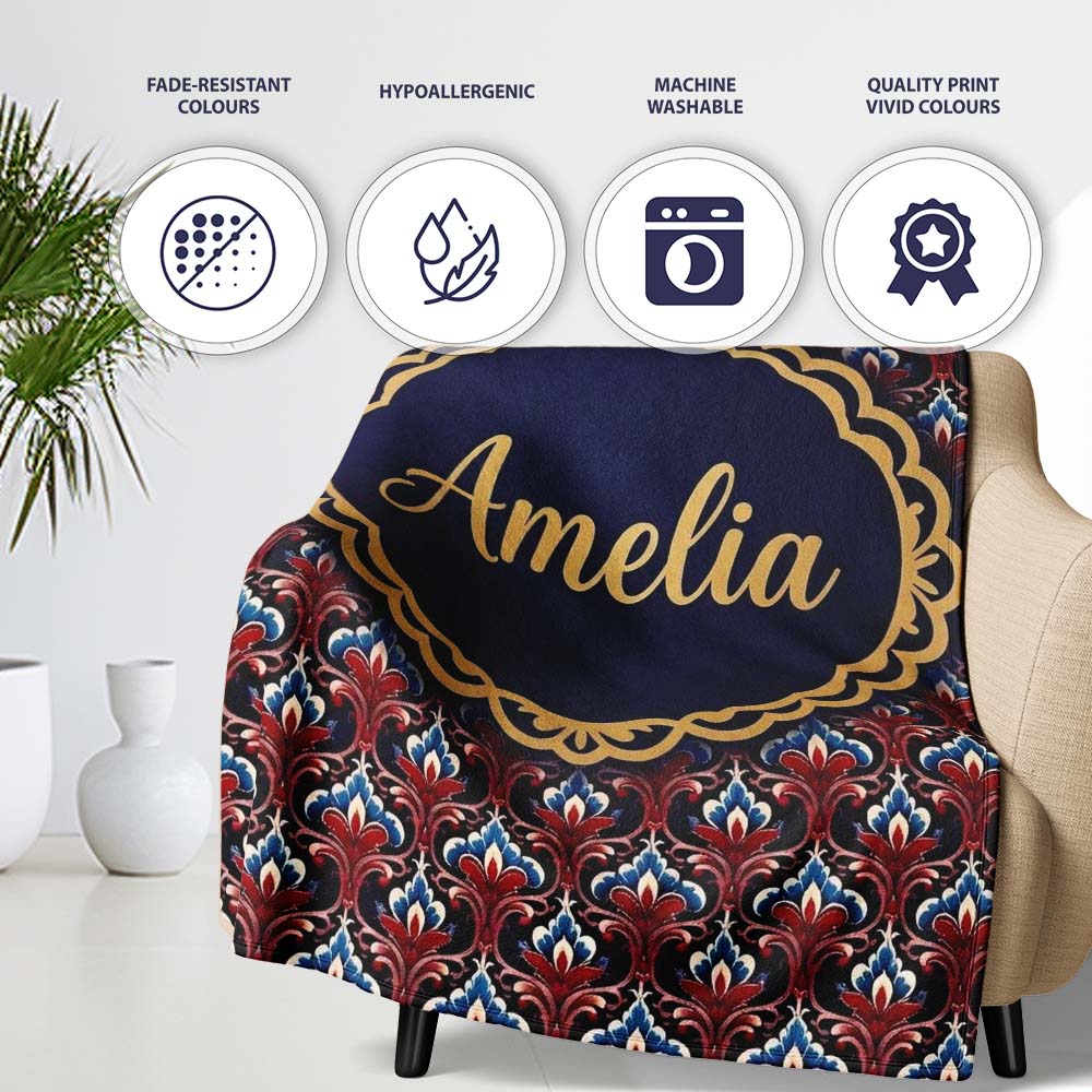 Elegant Vintage Damask Floral Pattern in Red Blue and Cream  Personalised Custom Name Super Soft Fleece Blanket Bed Sofa Throw