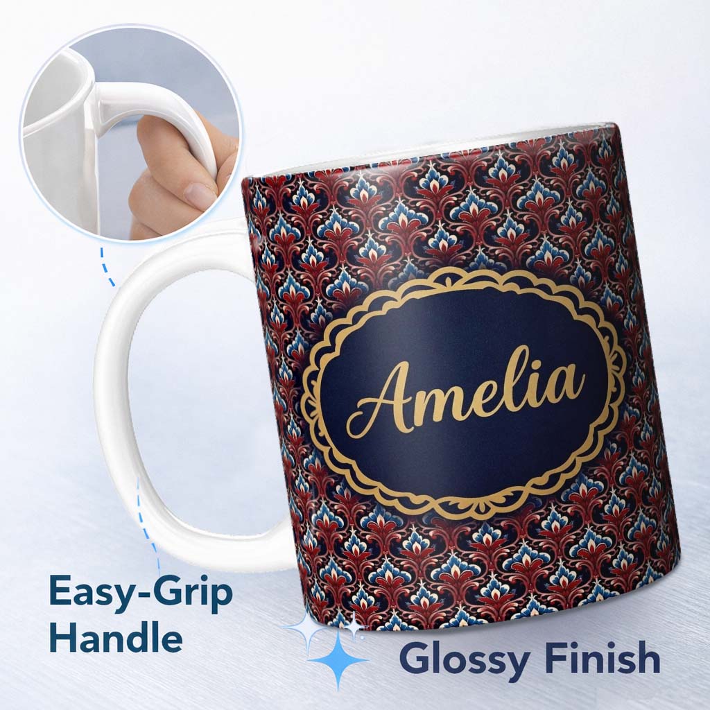 Personalized Custom Name Elegant Vintage Damask Floral Pattern in Red Blue and Cream 11oz Ceramic Coffee Tea Mug White Large Handle