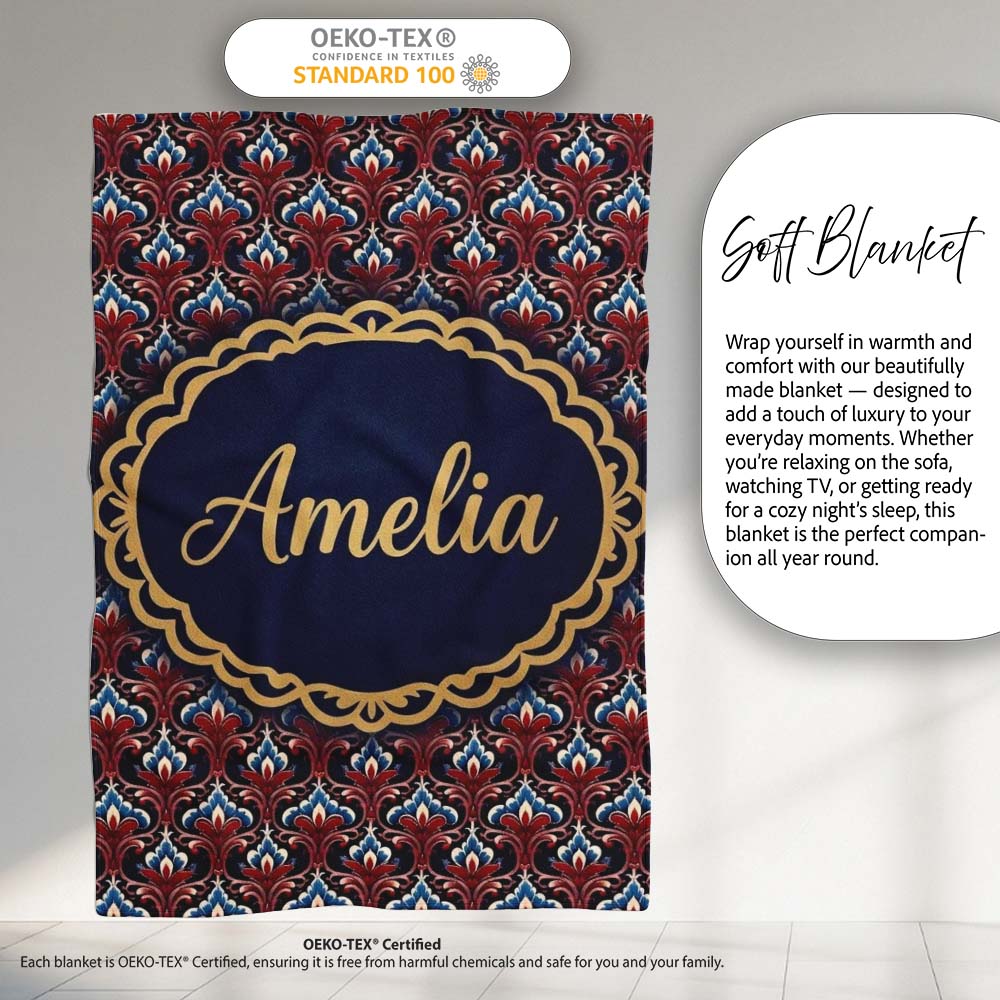 Elegant Vintage Damask Floral Pattern in Red Blue and Cream  Personalised Custom Name Super Soft Fleece Blanket Bed Sofa Throw