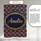 Elegant Vintage Damask Floral Pattern in Red Blue and Cream  Personalised Custom Name Super Soft Fleece Blanket Bed Sofa Throw