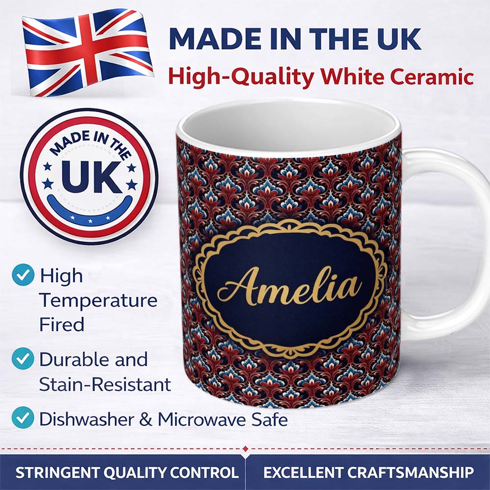 Personalized Custom Name Elegant Vintage Damask Floral Pattern in Red Blue and Cream 11oz Ceramic Coffee Tea Mug White Large Handle