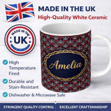 Personalized Custom Name Elegant Vintage Damask Floral Pattern in Red Blue and Cream 11oz Ceramic Coffee Tea Mug White Large Handle