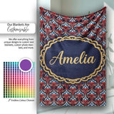 Elegant Vintage Damask Floral Pattern in Red Blue and Cream  Personalised Custom Name Super Soft Fleece Blanket Bed Sofa Throw