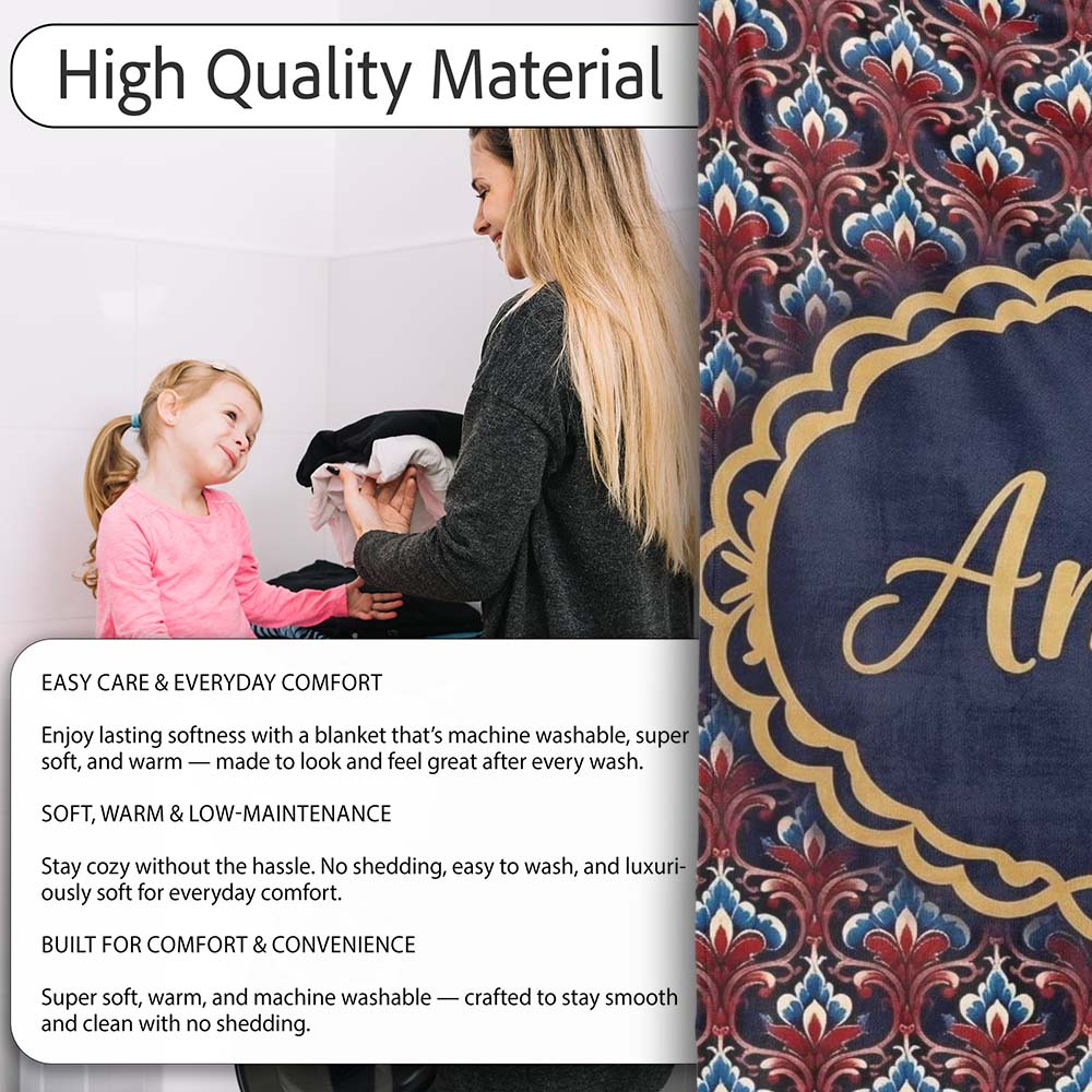 Elegant Vintage Damask Floral Pattern in Red Blue and Cream  Personalised Custom Name Super Soft Fleece Blanket Bed Sofa Throw